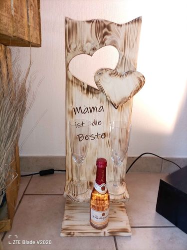 Handmade Holz Deko "Mama ist die Beste" mit Sekt und 2 Gläsern Muttertag Schild Türschild 55cm
