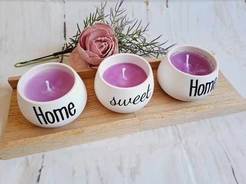 4-teiliges Kerzenset Kerzen in Gipstöpfchen rosa auf Tablett Home sweet Home