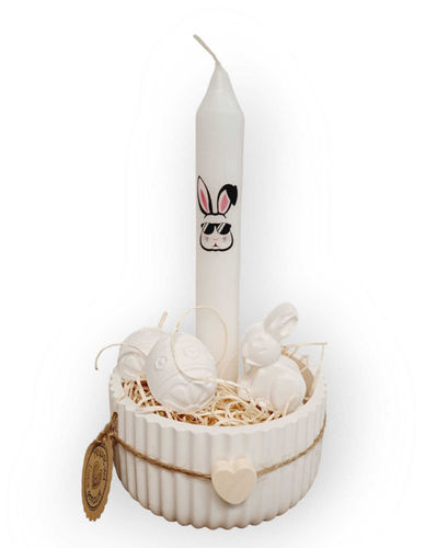 Ostergesteck Ostern Schale mit Kerze, Hase, Ostergras Geschenkset Gips Raysin